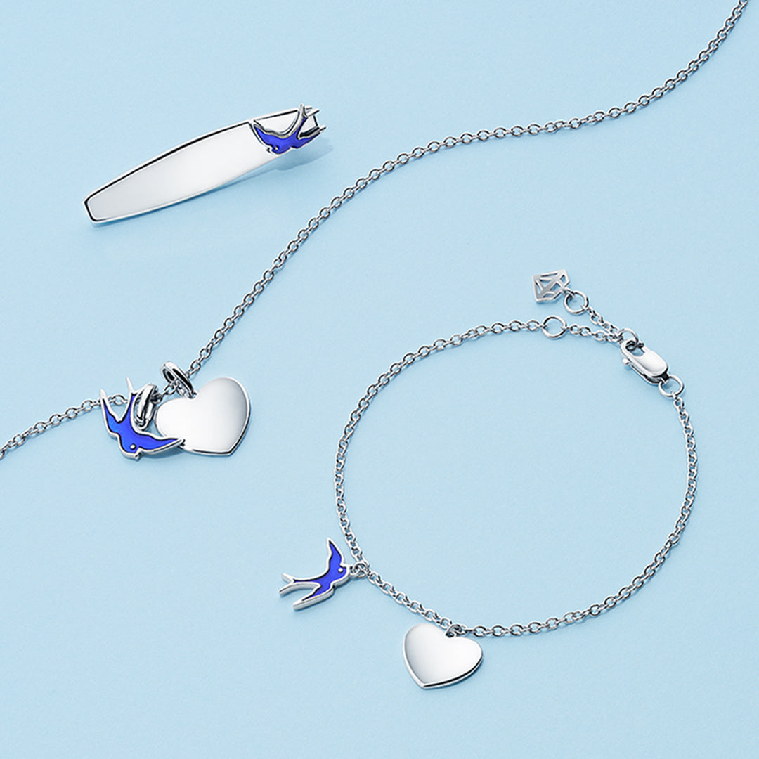 Bluebird of Happiness Children's Heart Bracelet in Sterling Silver Rhodium Plate