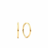 A pair of 9ct yellow gold sleeper hoop earrings shown front on, displaying their classic 8mm round silhouette with a polished finish and slim 1mm width.