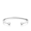 A polished sterling silver open bangle shown front on, with a round shape and a ball at each end. 4mm wide and 65mm in size.