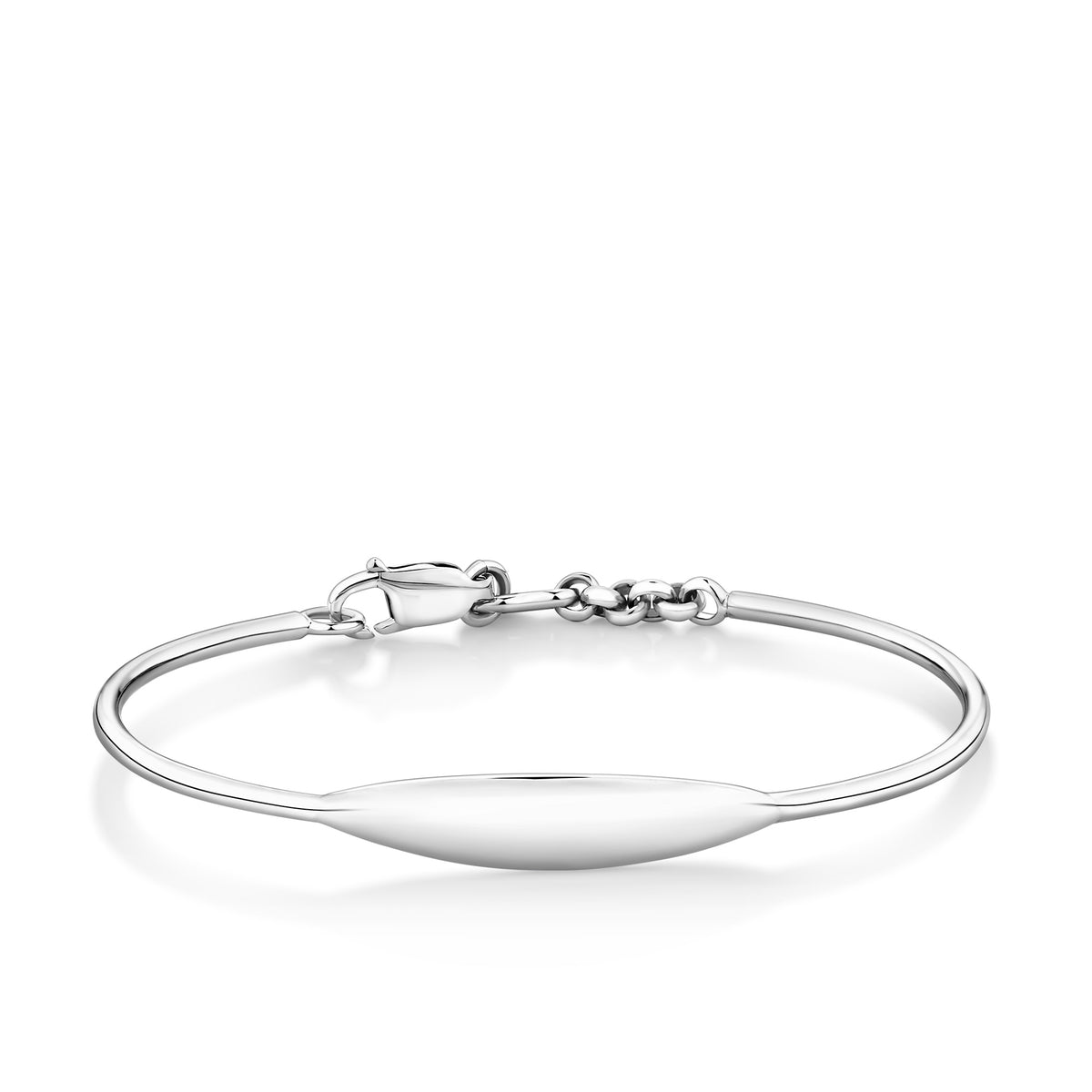 A children’s solid sterling silver ID bangle shown front on, 47mm in diameter and 1.8mm wide, with a smooth surface ready for engraving and an adjustable chain.