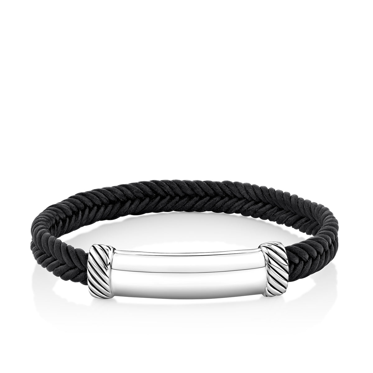A gents black braided leather bracelet shown front on, featuring a polished sterling silver ID bar with rope-style detailing at each end.