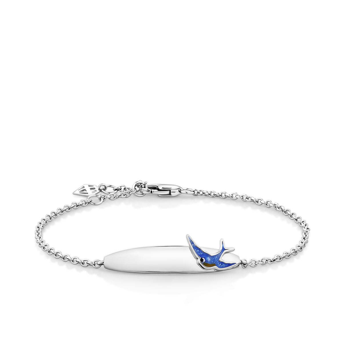 Front-on view of the Wallace Bishop Bluebird of Happiness ID Plate Bracelet in Sterling Silver for children, reference 32BTBB01, on a 160mm cable chain with a parrot clasp. The 5mm plate features a bluebird detail in blue enamel.