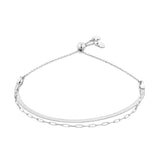 Front-on view of the Wallace Bishop Two-Layer Bracelet in Sterling Silver, reference 32KA2582, measuring 210mm in length with an adjustable slider. A herringbone chain and a paperclip link chain sit together in two polished layers.