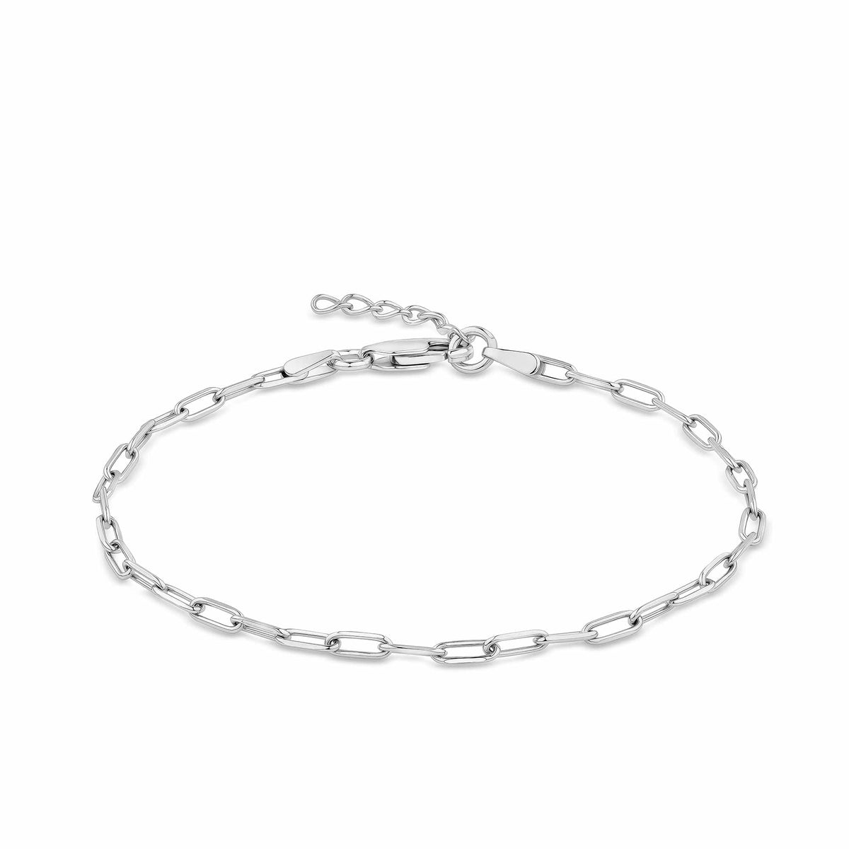 Paperclip Bracelet in Sterling Silver, photographed front on against a plain background. The bracelet features elongated polished paperclip-style links fastened with a classic parrot clasp, shown at its adjustable 19cm length.