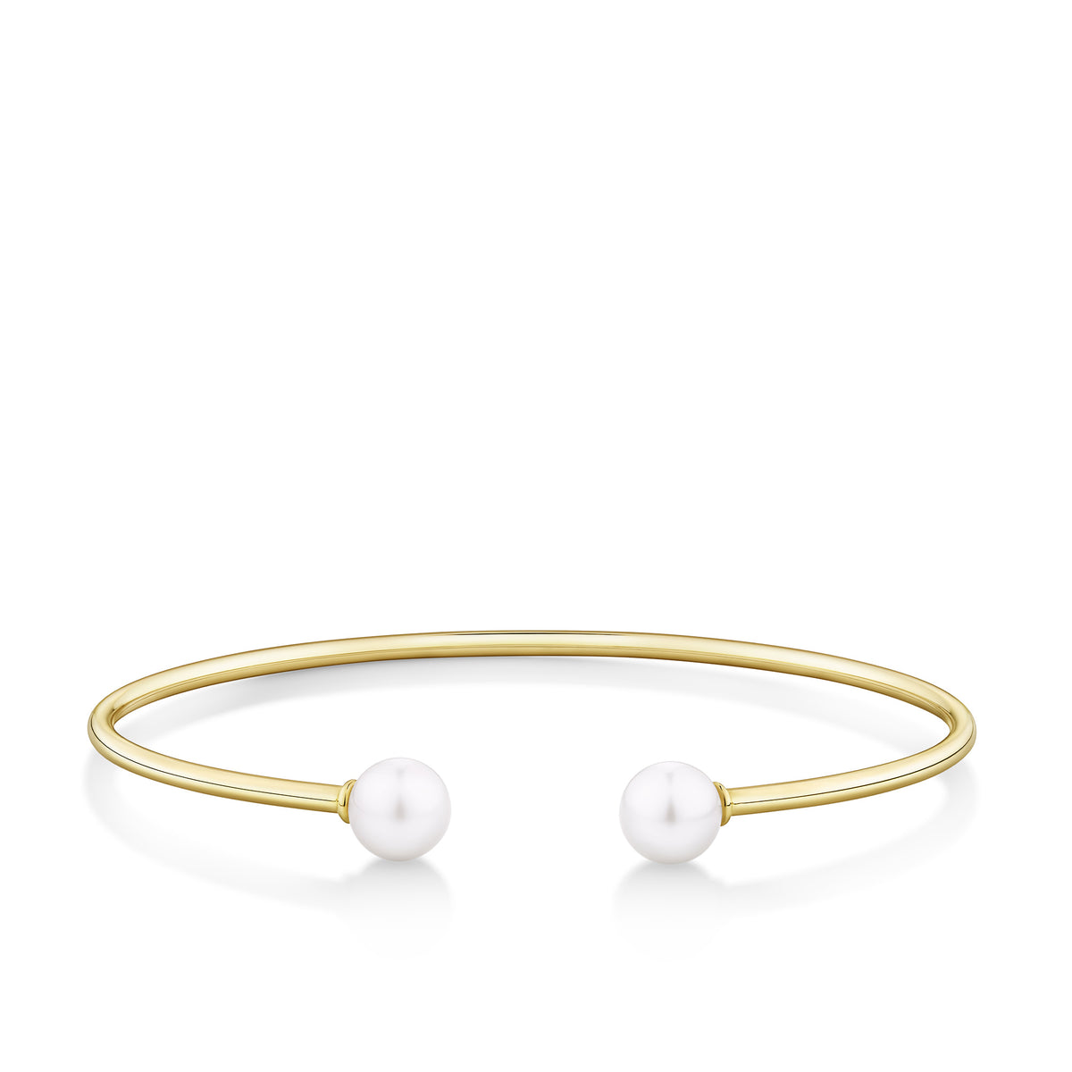 Front-on view of the Wallace Bishop Freshwater Pearl Flexi Bangle in 9ct Yellow Gold, reference 33BGPBY, measuring 50 x 60mm. A 7mm round white freshwater pearl sits at each end of the open cuff-style bangle.