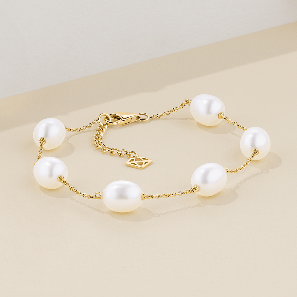 Freshwater Pearl Oval Stationed Bracelet in 9ct Yellow Gold