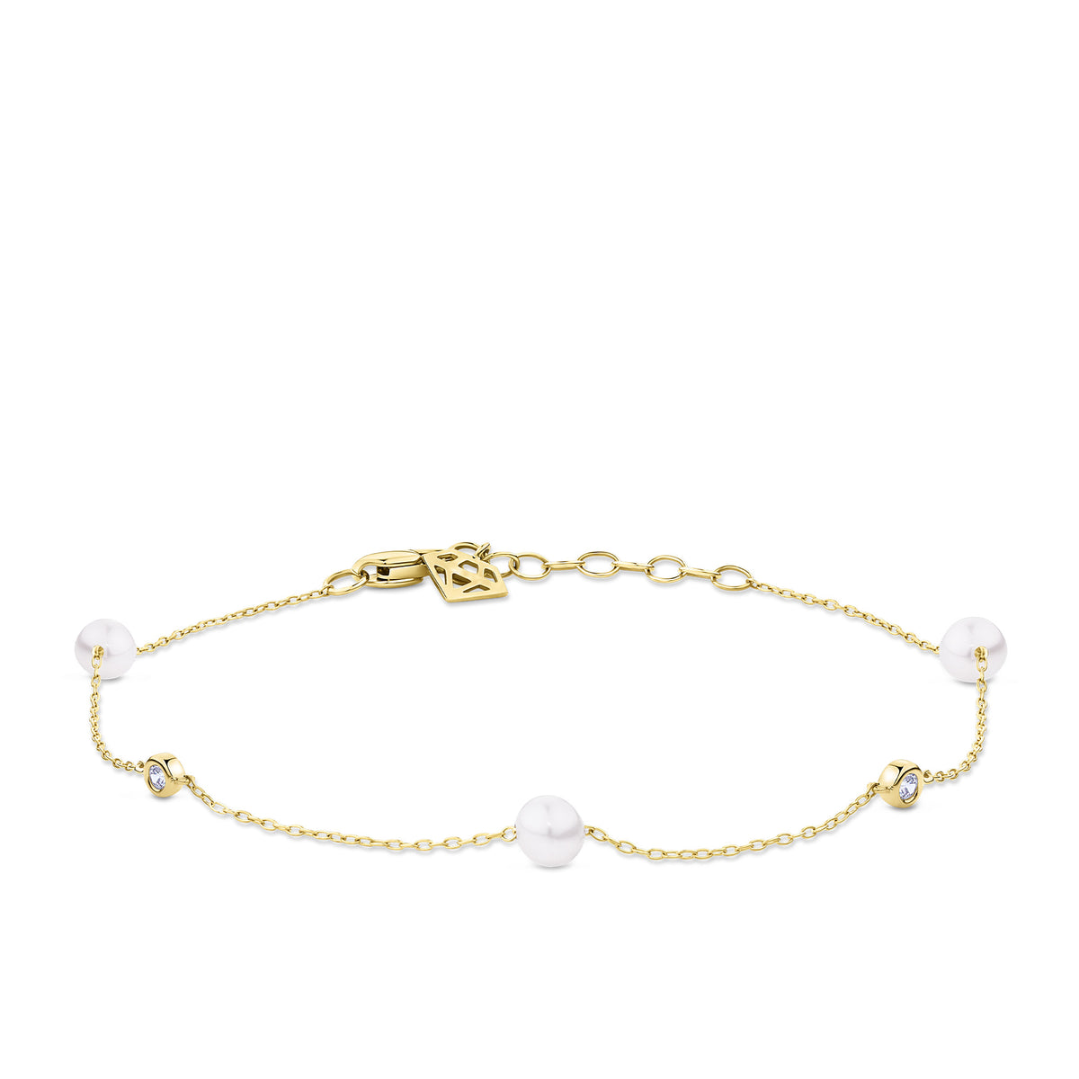 Front-on view of the Wallace Bishop Freshwater Pearl & Cubic Zirconia Bezel Bracelet in 9ct Yellow Gold, reference 33BLCZ06Y, on a cable chain with a parrot clasp. The bracelet features stationed round freshwater pearls and bezel-set round cubic zirconias.