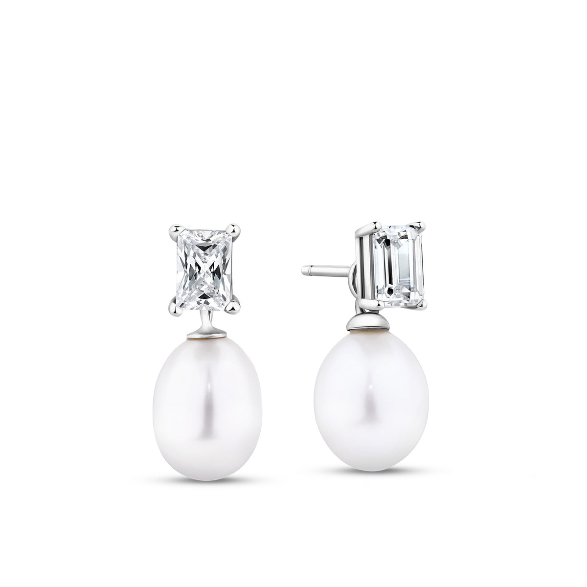 Front-on view of the Wallace Bishop Freshwater Pearl & Cubic Zirconia Drop Earrings in Sterling Silver, reference 33ECZ02, with butterfly backs. Each earring has an 8-9mm white rice shaped freshwater pearl hanging from an emerald cut colourless cubic zirconia.