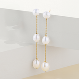 Freshwater Pearl Stationed Drop Earrings in 9ct Yellow Gold