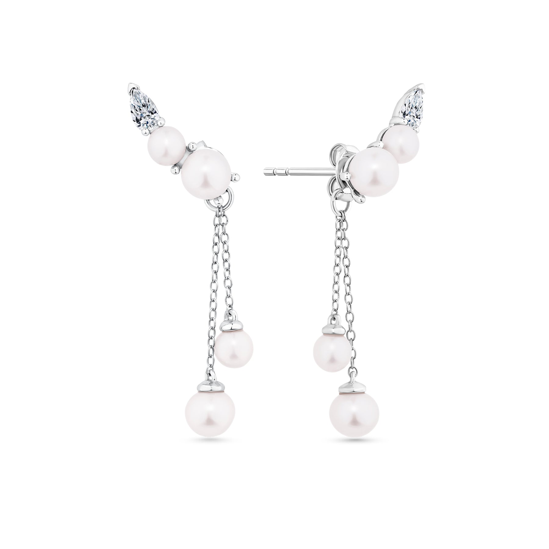 Freshwater Pearl & Cubic Zirconia Drop Stud Earrings in Sterling Silver