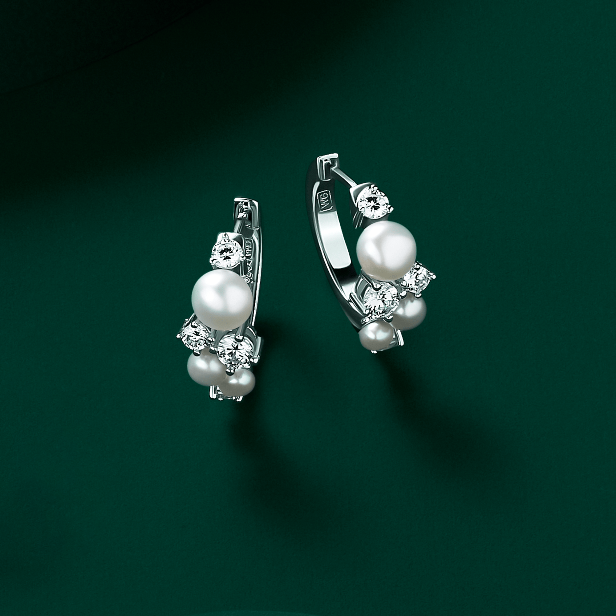 Freshwater Pearl and Cubic Zirconia Scattered Huggie Earrings in Sterling Silver