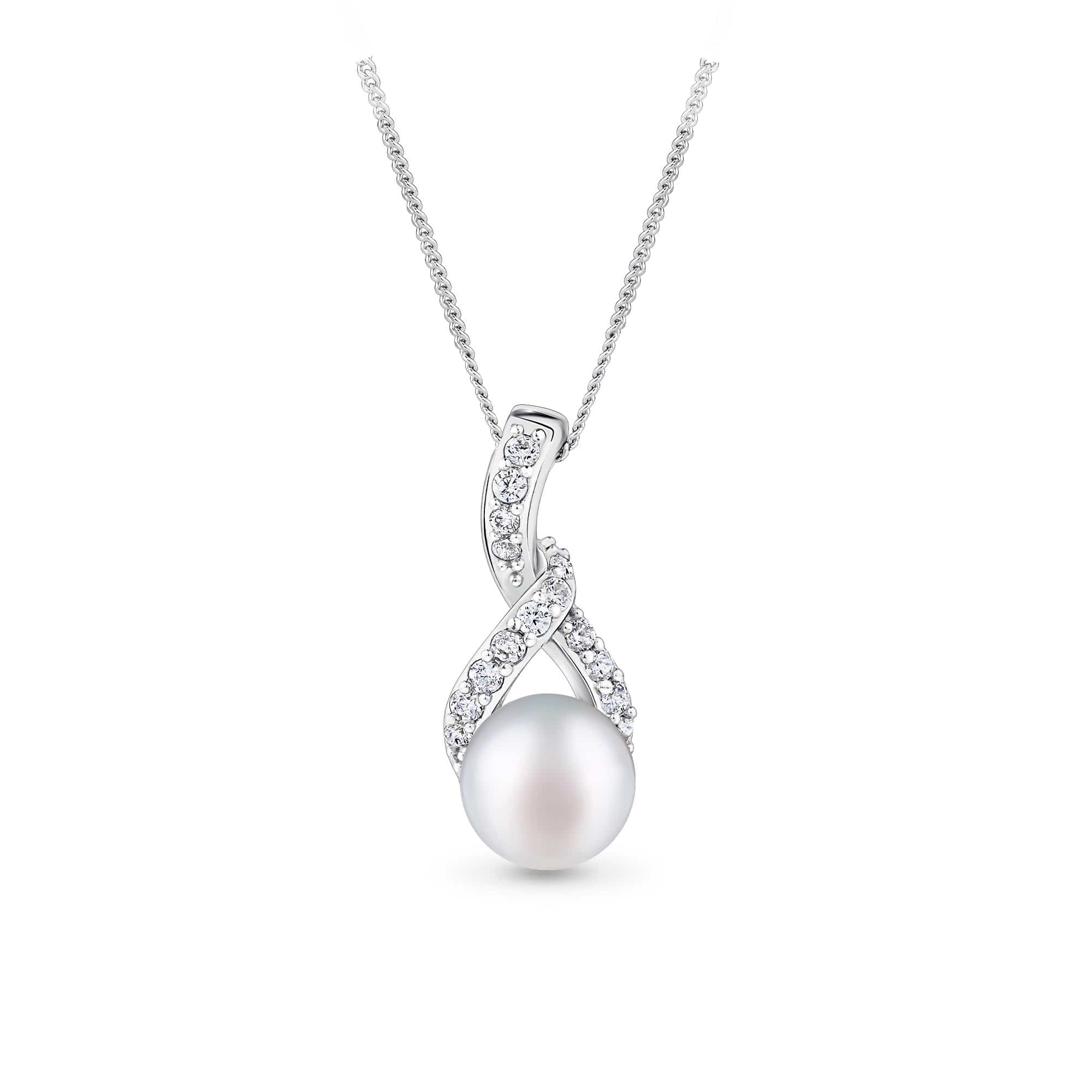Freshwater Pearl and Cubic Zirconia Twist Pendant in Sterling Silver