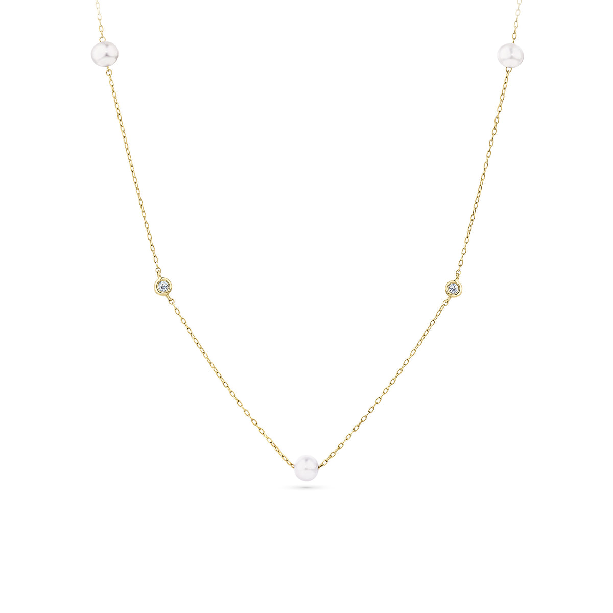 Front-on view of the Wallace Bishop Freshwater Pearl & Cubic Zirconia Bezel Necklace in 9ct Yellow Gold, reference 33PDCZ06Y, on a cable style link chain with a parrot clasp. The necklace features a station-set design with four round freshwater pearls and four round cubic zirconias.