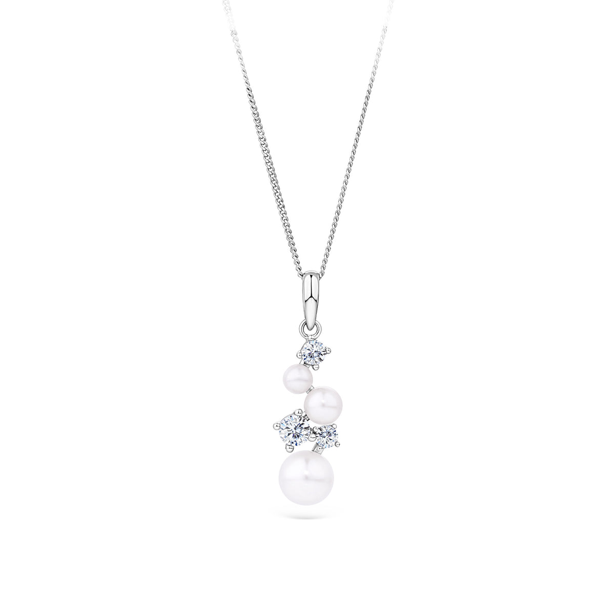 Front-on view of the Wallace Bishop Freshwater Pearl & Cubic Zirconia Pendant in Sterling Silver, reference 33PDCZ36, measuring 18.8mm in length. The pendant features a cluster of round freshwater pearls and round cubic zirconias.