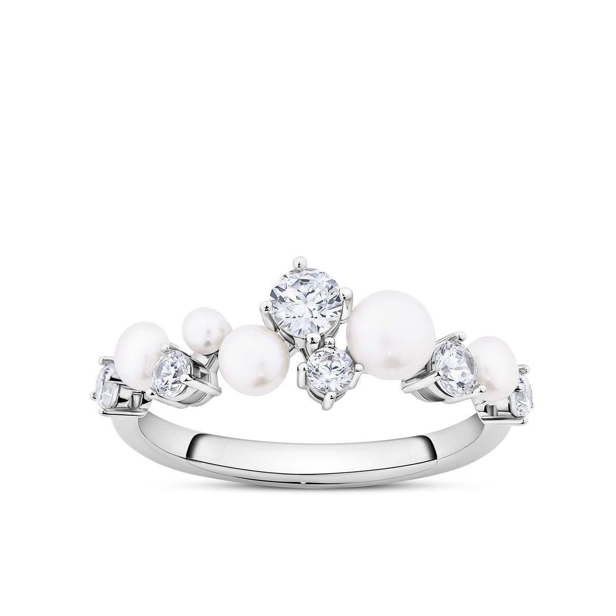 Front-on view of the Wallace Bishop Freshwater Pearl & Cubic Zirconia Ring in Sterling Silver, reference 33RGCZ36O, on a polished band. The ring features a claw-set cluster of different sized round freshwater pearls and round cubic zirconias.