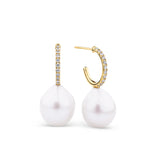 Freshwater Pearl & Pave Diamond Huggie Earrings in 9ct Yellow Gold