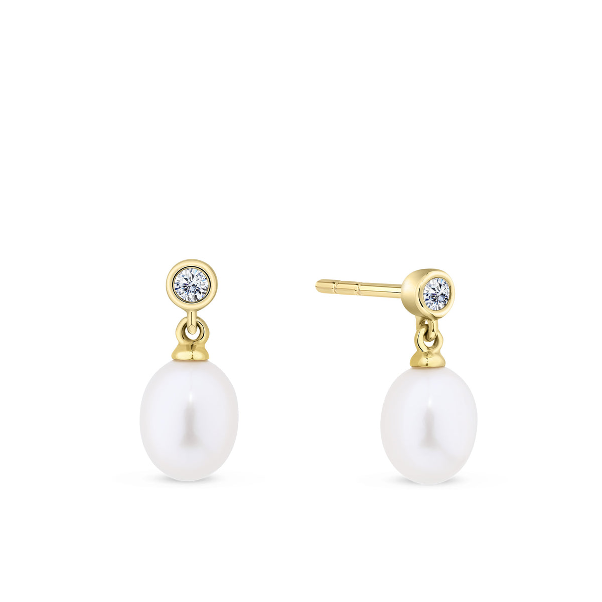 Front-on view of the Wallace Bishop Freshwater Pearl & Cubic Zirconia Bezel Drop Earrings in 9ct Yellow Gold, reference 33ECZ06Y, secured with a butterfly back. Each earring features a bezel-set round cubic zirconia stud with an 8x6mm freshwater pearl drop.