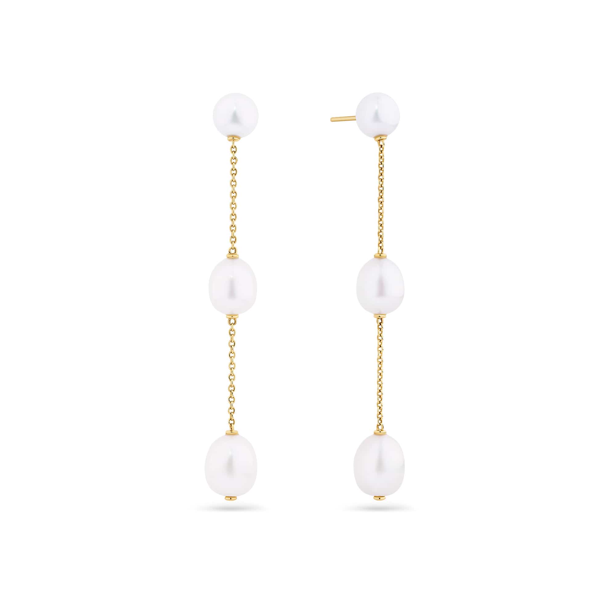 Freshwater Pearl Stationed Drop Earrings in 9ct Yellow Gold