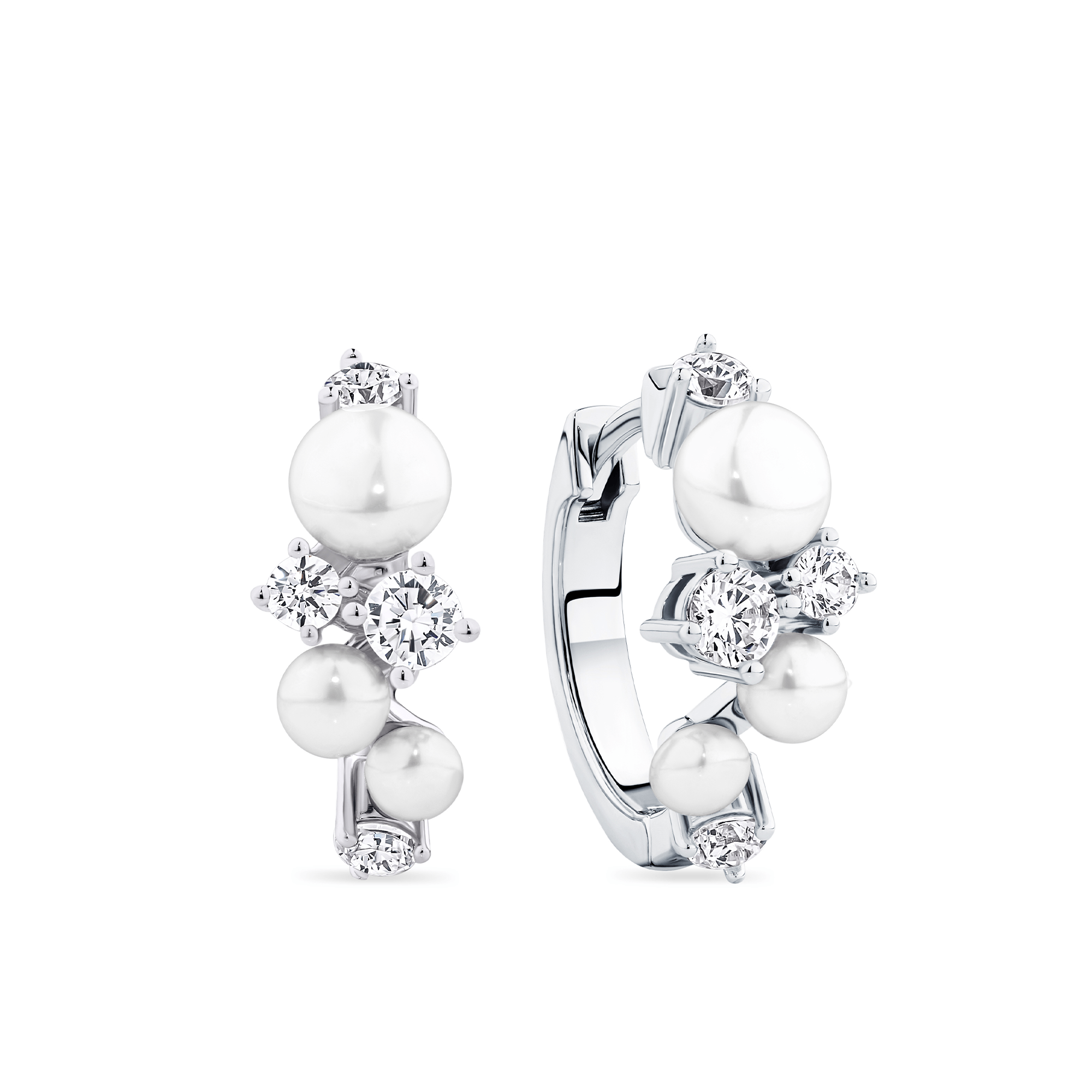 Freshwater Pearl and Cubic Zirconia Scattered Huggie Earrings in Sterling Silver