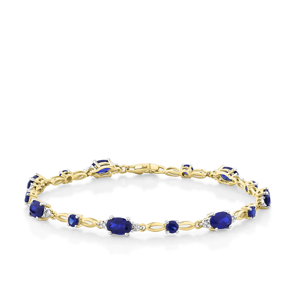 Front-on view of the Wallace Bishop 0.06 TDW Created Sapphire & Diamond Bracelet in 9ct Yellow Gold, reference 34BLS16, 180mm in length with a lobster clasp. Dark blue oval and round created sapphires alternate along the polished gold links, with small round diamonds between them.