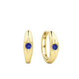 Front-on view of the Wallace Bishop Created Sapphire Starburst Huggies in 9ct Yellow Gold, reference 34ERSBSY, measuring 14.50mm in length. Each huggie holds a 2.5mm round created blue sapphire in a star hammer setting.