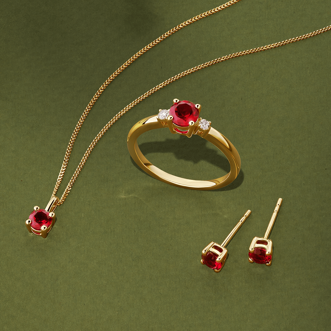 Created Ruby & Diamond Trilogy Ring with Matching pendant and stud earrings in 9ct Yellow Gold