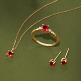 Created Ruby & Diamond Trilogy Ring with Matching pendant and stud earrings in 9ct Yellow Gold