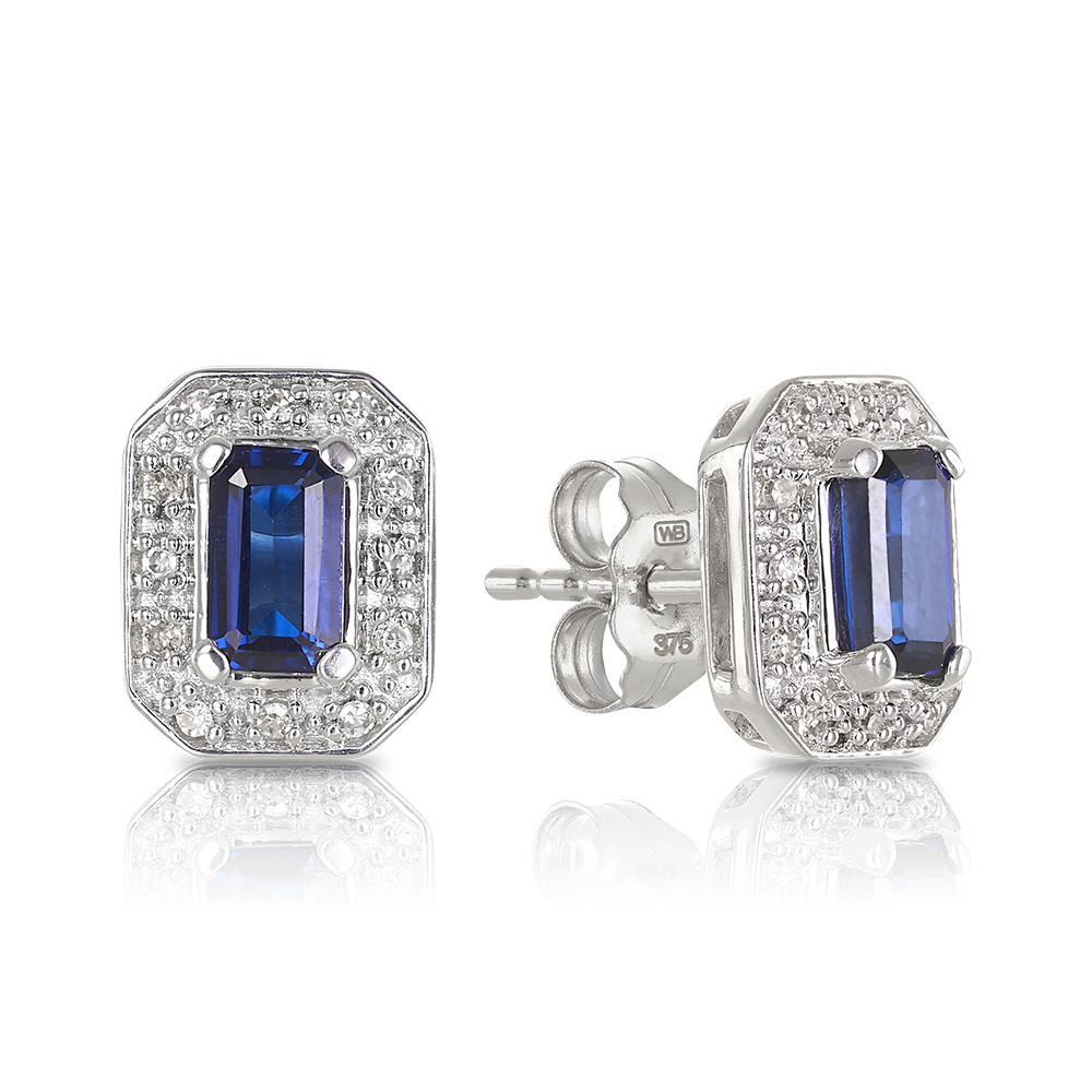 Created Sapphire & Diamond Halo Stud Earrings in 9ct White Gold