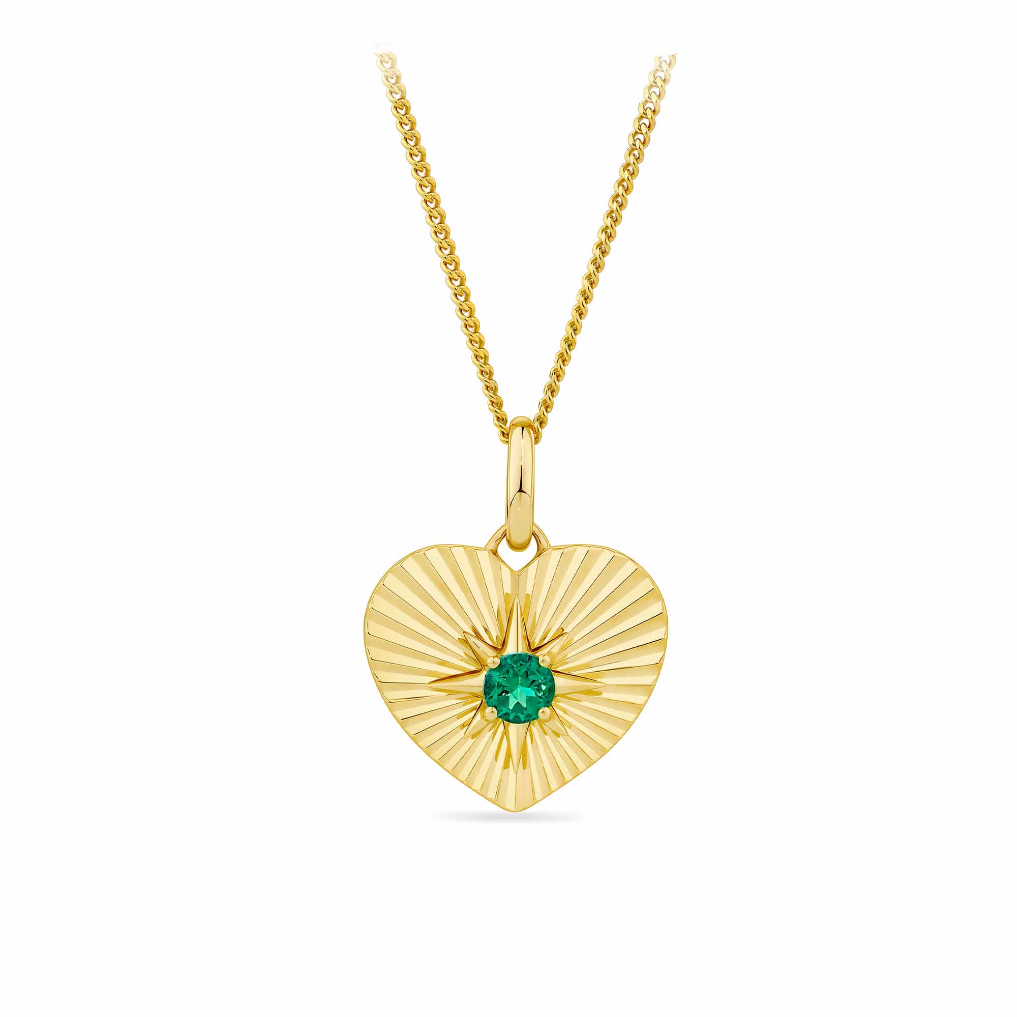 Created Emerald Heart Starburst Pendant in 9ct Yellow Gold