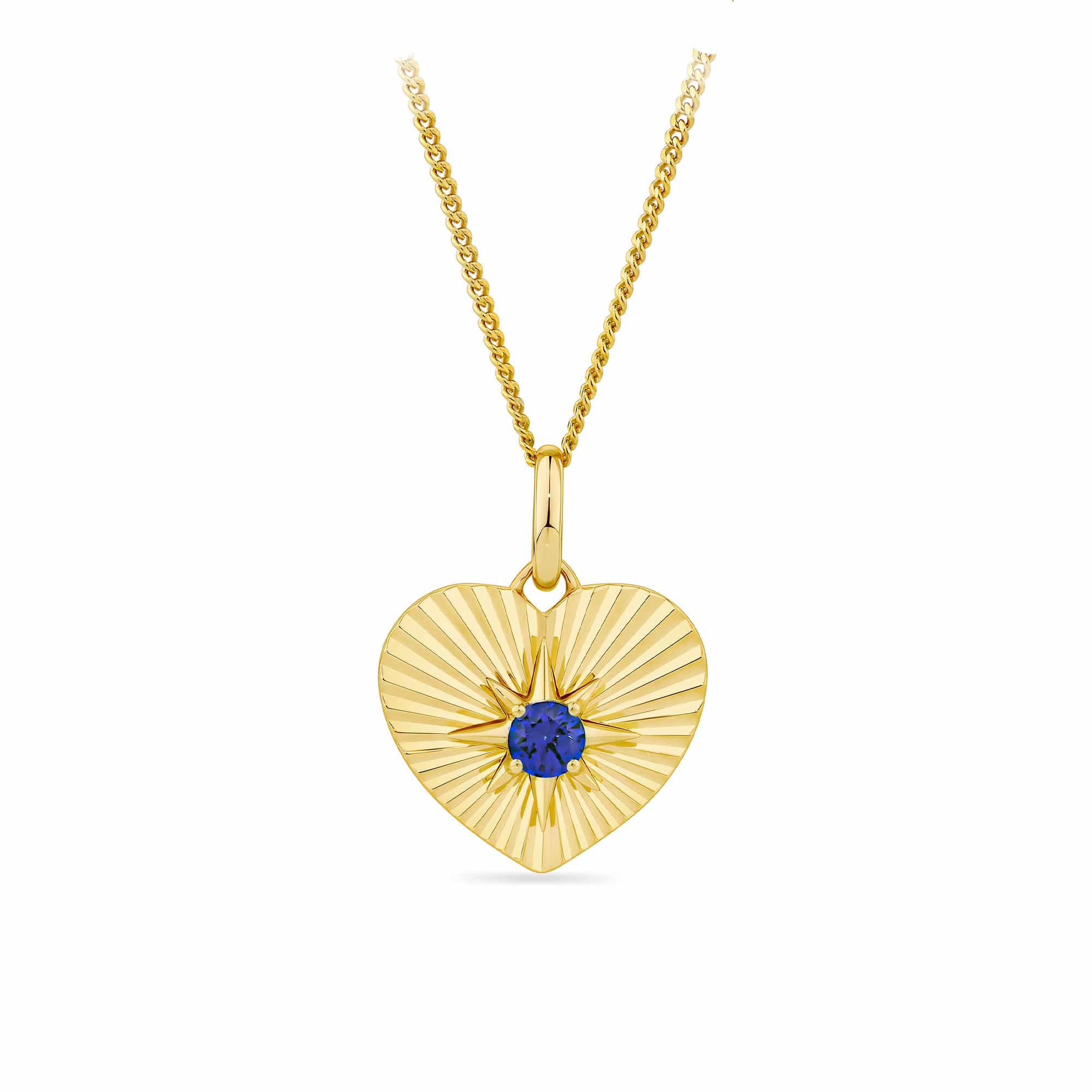 Created Sapphire Heart Starburst Pendant in 9ct Yellow Gold