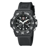 Three-quarter angle view of the Luminox Navy SEAL Chronograph Men's 45mm Quartz Watch XS.3581 showing the crown and chronograph pushers. This Navy SEAL Chronograph 3580 Series watch pairs a lightweight black CARBONOX™ case with a black chronograph dial.