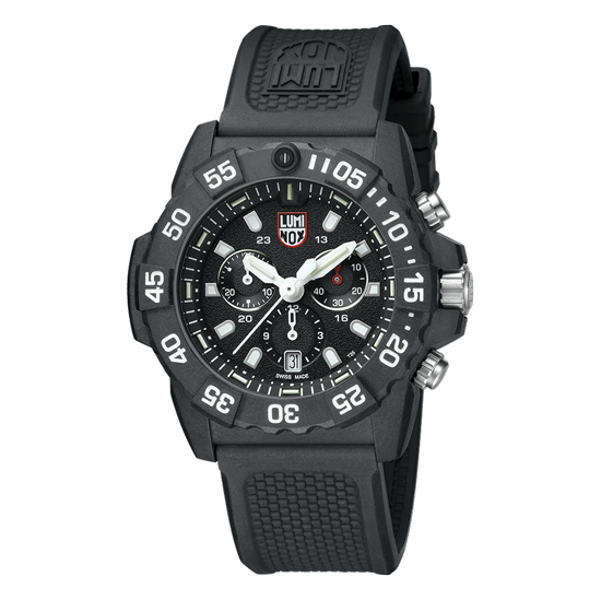 Three-quarter angle view of the Luminox Navy SEAL Chronograph Men's 45mm Quartz Watch XS.3581 showing the crown and chronograph pushers. This Navy SEAL Chronograph 3580 Series watch pairs a lightweight black CARBONOX™ case with a black chronograph dial.