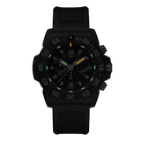 Luminox Navy SEAL Chronograph Men's 45mm Quartz Watch XS.3581 glowing in the dark with Luminox Light Technology. The self-powered tritium tubes on the hands and markers of this Navy SEAL Chronograph 3580 Series watch glow constantly for up to 25 years.