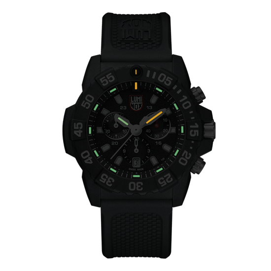 Luminox Navy SEAL Chronograph Men's 45mm Quartz Watch XS.3581 glowing in the dark with Luminox Light Technology. The self-powered tritium tubes on the hands and markers of this Navy SEAL Chronograph 3580 Series watch glow constantly for up to 25 years.
