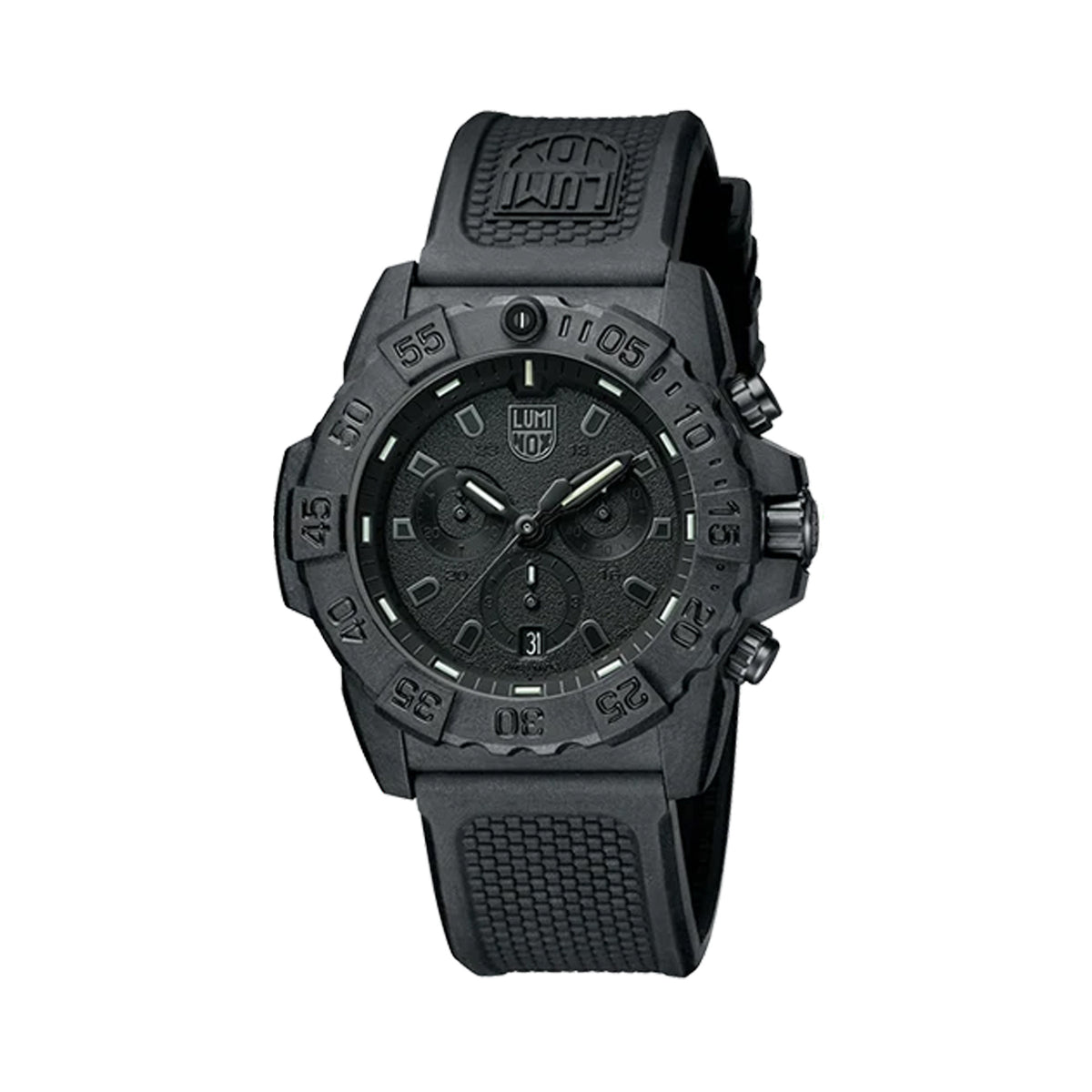 Three-quarter angle view of the Luminox Navy SEAL Men's 45mm Black Quartz Chronograph Watch XS.3581.BO showing the protected crown and chronograph pushers. This Navy SEAL Chronograph Blackout watch pairs a lightweight black CARBONOX™ case with an all-black dial.