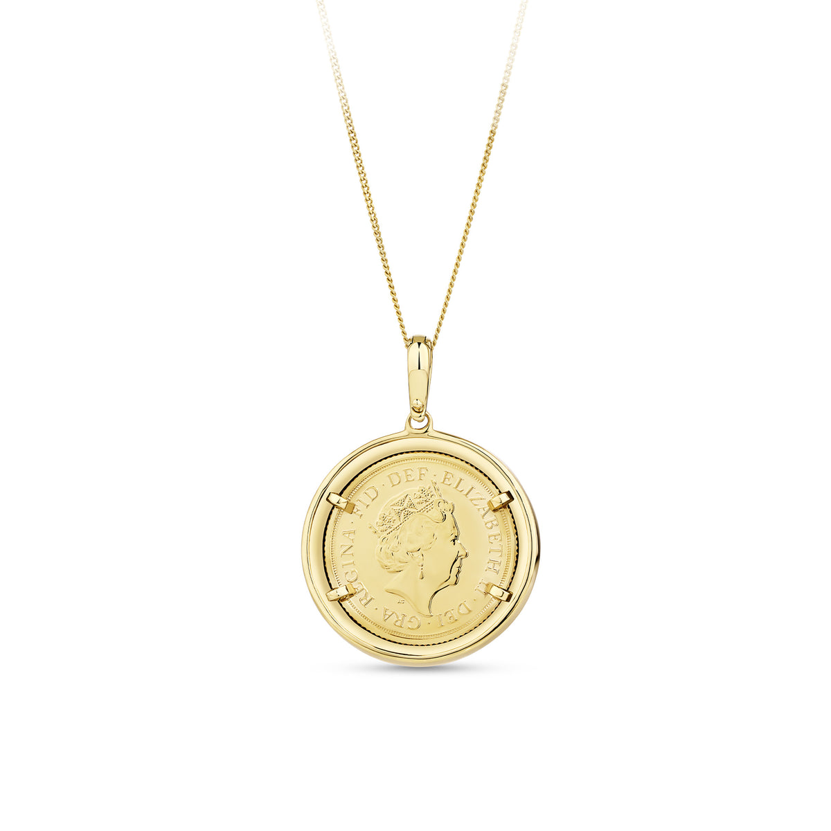 A 9ct yellow gold pendant shown front on, holding a 22ct yellow gold Queen Elizabeth II 2022 Sovereign coin, with a polished finish and a large enhancer clasp.