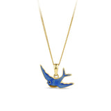 Front-on view of the Wallace Bishop Bluebird of Happiness Pendant in 9ct Yellow Gold with blue enamel, reference 35BB07, measuring 17.50mm in length. The small bluebird is finished in bright blue enamel.