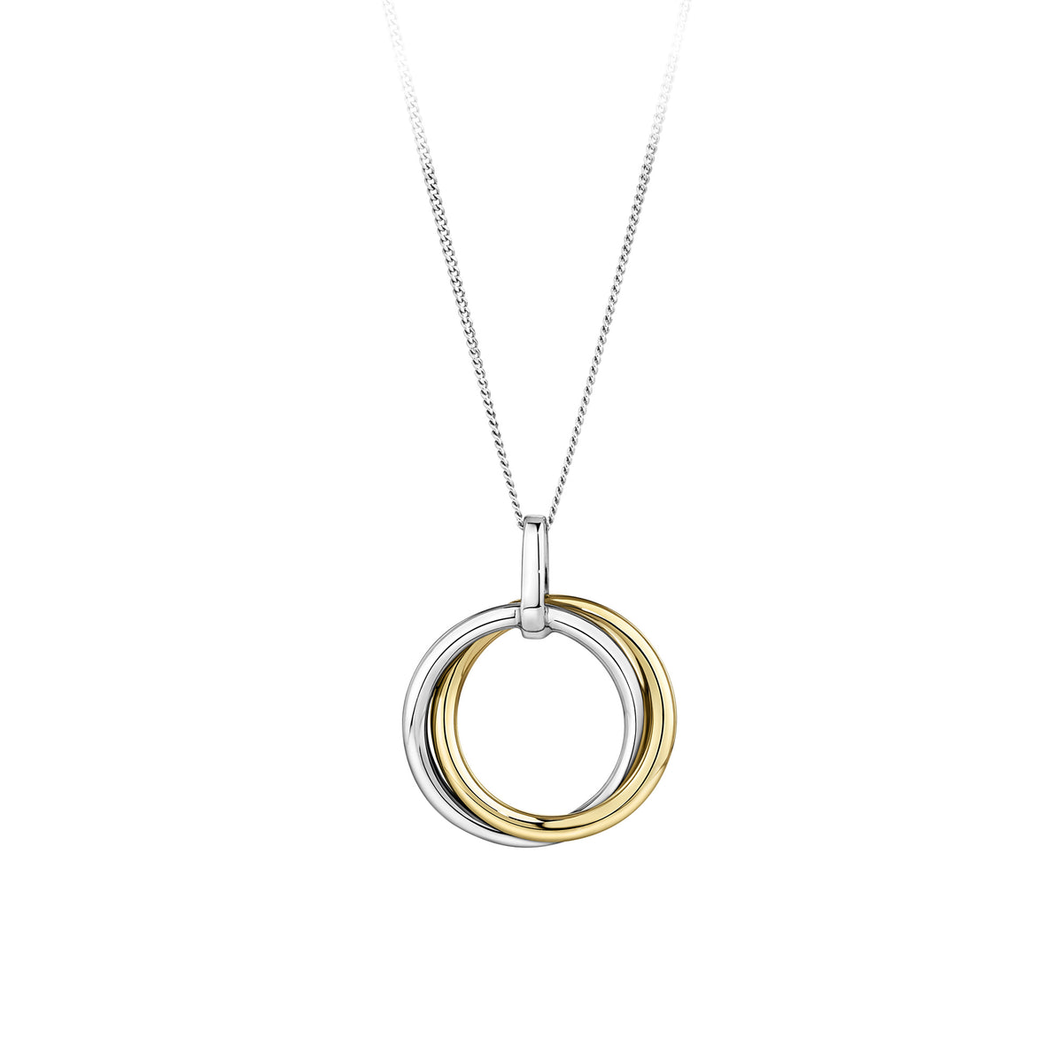 Front-on view of the Wallace Bishop Crossover Pendant in Sterling Silver & 9ct Yellow Gold, reference 35MIXP003, measuring 21 x 12mm. Two polished interlocking circles, one silver and one yellow gold, hang from a bale.