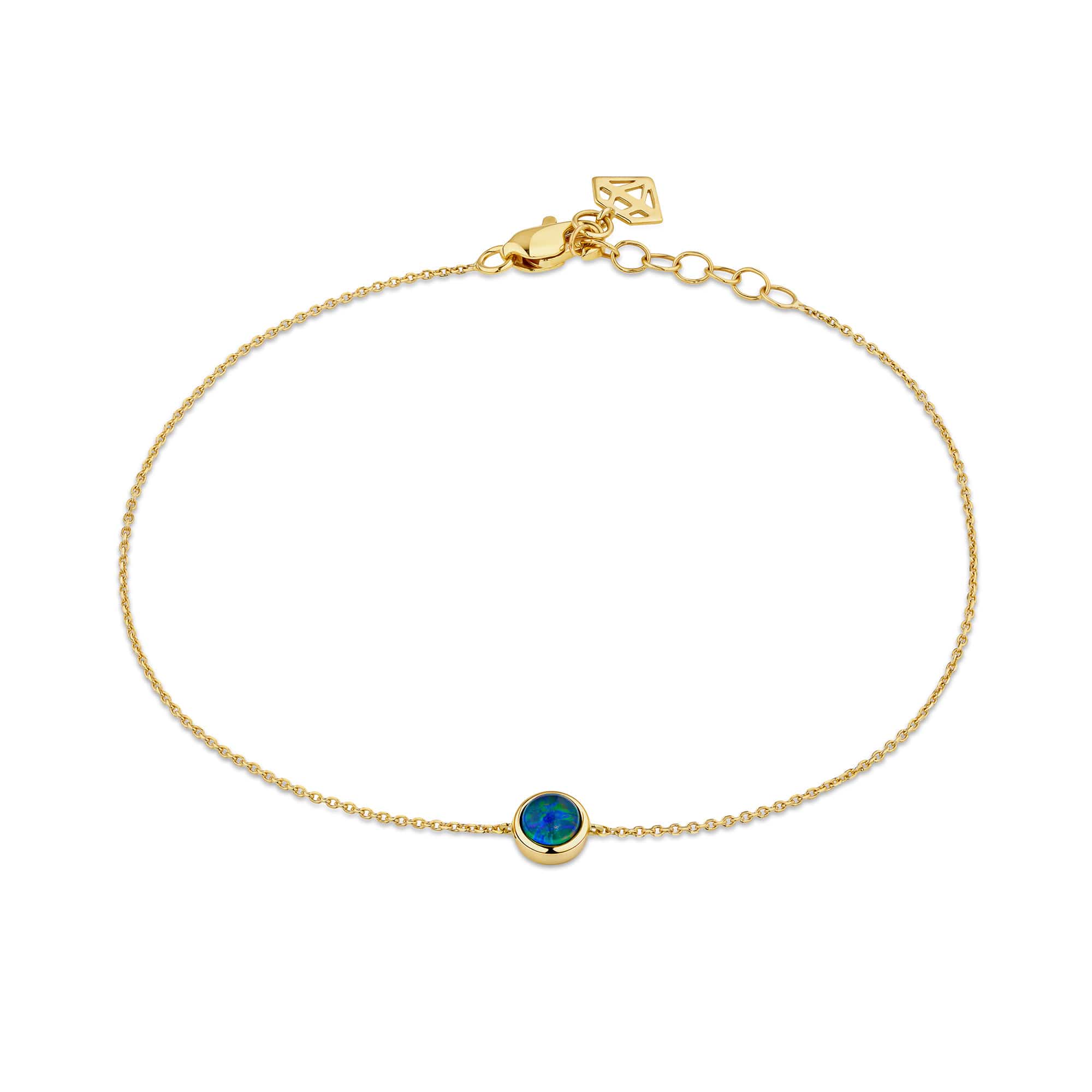 Triplet Opal Bezel Set Bracelet in 9ct Yellow Gold, photographed front on against a plain background. The bracelet features a 4mm round natural triplet opal in a yellow gold bezel setting, with an adjustable 17cm to 19cm chain length.