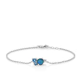 Front-on view of the Wallace Bishop Triplet Opal, Swiss Blue Topaz, London Blue Topaz & Lab-Grown-Diamond Cluster Bracelet in Sterling Silver, reference 36BLCLUSS, on a 190mm cable chain with a bolt ring clasp. A 6mm round triplet opal sits in a claw set cluster with two blue topaz and a lab-grown diamond.