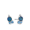 Front-on view of the Wallace Bishop Triplet Opal, Swiss Blue Topaz, London Blue Topaz & Lab-Grown-Diamond Cluster Stud Earrings in Sterling Silver, reference 36ERCLUSS, with butterfly backs. Each stud features a 4mm round triplet opal in a cluster with two blue topaz and a lab-grown diamond.