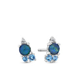 Front-on view of the Wallace Bishop Triplet Opal, Swiss Blue Topaz, London Blue Topaz & Lab-Grown-Diamond Cluster Stud Earrings in Sterling Silver, reference 36ERCLUSS, with butterfly backs. Each stud features a 4mm round triplet opal in a cluster with two blue topaz and a lab-grown diamond.