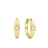 Front-on view of the Wallace Bishop Opal Starburst Huggies in 9ct Yellow Gold, reference 36ERSBOY, measuring 14.50mm in length. Each huggie holds a 2.5mm round white opal in a star hammer setting.