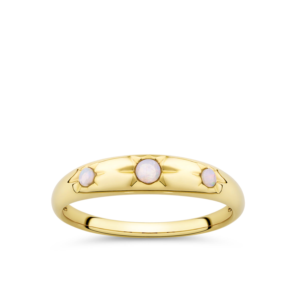 Front-on view of the Wallace Bishop Opal Starburst Ring in 9ct Yellow Gold, reference 36RGSBOYO. Three round opals sit in a star hammer setting across the front of the tapered gold ring.