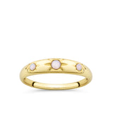Front-on view of the Wallace Bishop Opal Starburst Ring in 9ct Yellow Gold, reference 36RGSBOYO. Three round opals sit in a star hammer setting across the front of the tapered gold ring.