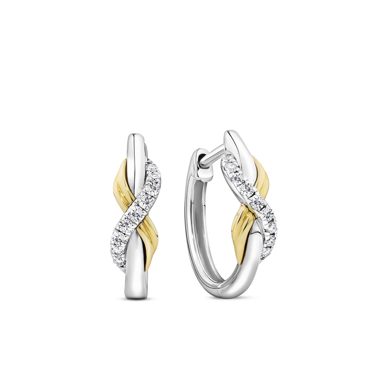 Front-on view of the Wallace Bishop 0.11 TDW Round Diamond Infinity Huggies in Sterling Silver & 9ct Yellow Gold, reference 37ERINFTY, with a hinged clasp. Each huggie features an infinity symbol with 9 round brilliant cut natural diamonds set into the silver half, totalling 18 diamonds across the pair.