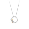 Front-on view of the Wallace Bishop 0.04 TDW Round Diamond Infinity Pendant in Sterling Silver & 9ct Yellow Gold, reference 37NKSINFTY, on a 500mm (approximately 19.7 inch) chain. Round diamonds are set into the silver infinity twist of the polished circle, beside a ribbed yellow gold section.