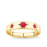Created Ruby Star Set Band in 9ct yellow gold featuring three star set created rubies on a polished 3mm gold band.