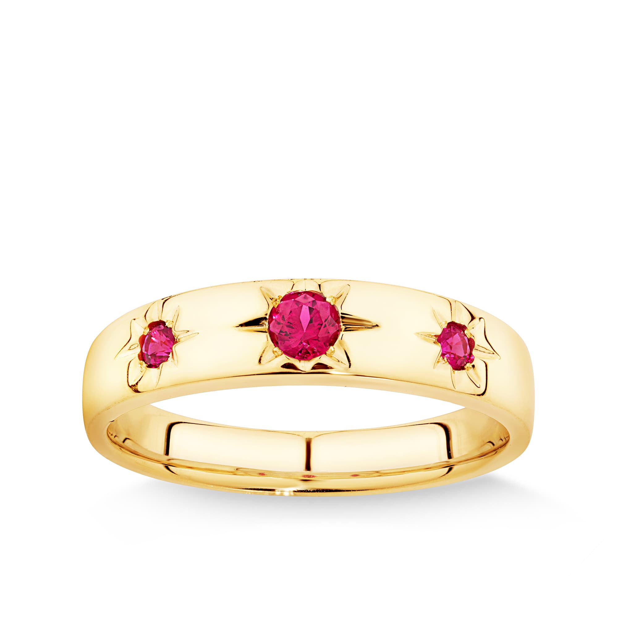 Created Ruby Star Set Band in 9ct yellow gold featuring three star set created rubies on a polished 3mm gold band.