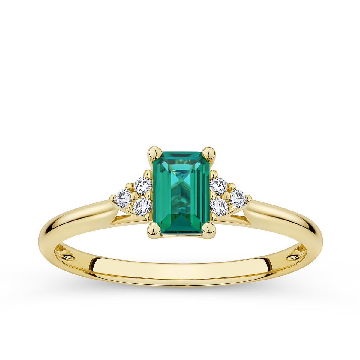 Front-on view of the Wallace Bishop 0.06 TDW Emerald-Cut Created Emerald & Diamond Ring in 9ct Yellow Gold, reference 38EMD040YO, on a plain polished band. The ring features a 6x4mm emerald cut created emerald centre stone flanked by a cluster of three round brilliant cut natural diamonds on each side.